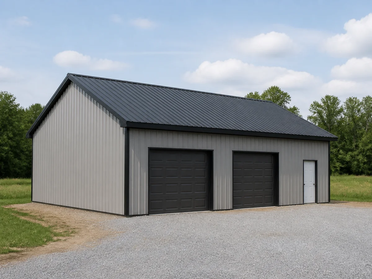 Illustrative light-gray metal-sided barn with a gabled roof, vehicle doors and a gravel approach.